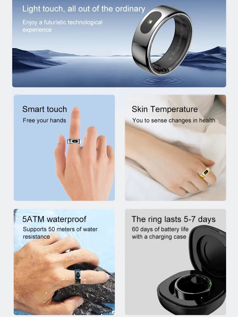 New R08 Smart Ring with Charging Case Smart Touch Screen Health Monitor Sports Fitness Tracker IP68 5ATM Waterproof Smart Ring